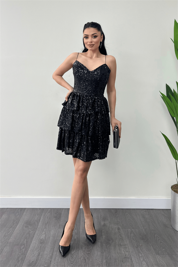 Pul Payet Kat Kat Mini Elbise - SİYAH