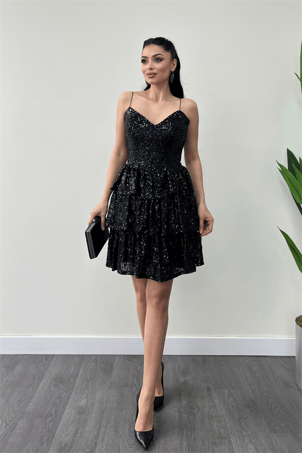 Pul Payet Kat Kat Mini Elbise - SİYAH