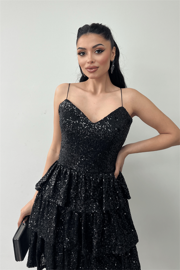 Pul Payet Kat Kat Mini Elbise - SİYAH