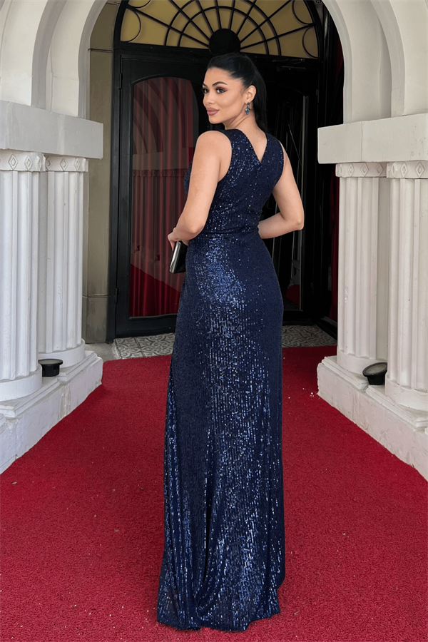 Pul Payet Kumaş Balık Abiye Elbise - LACİVERT