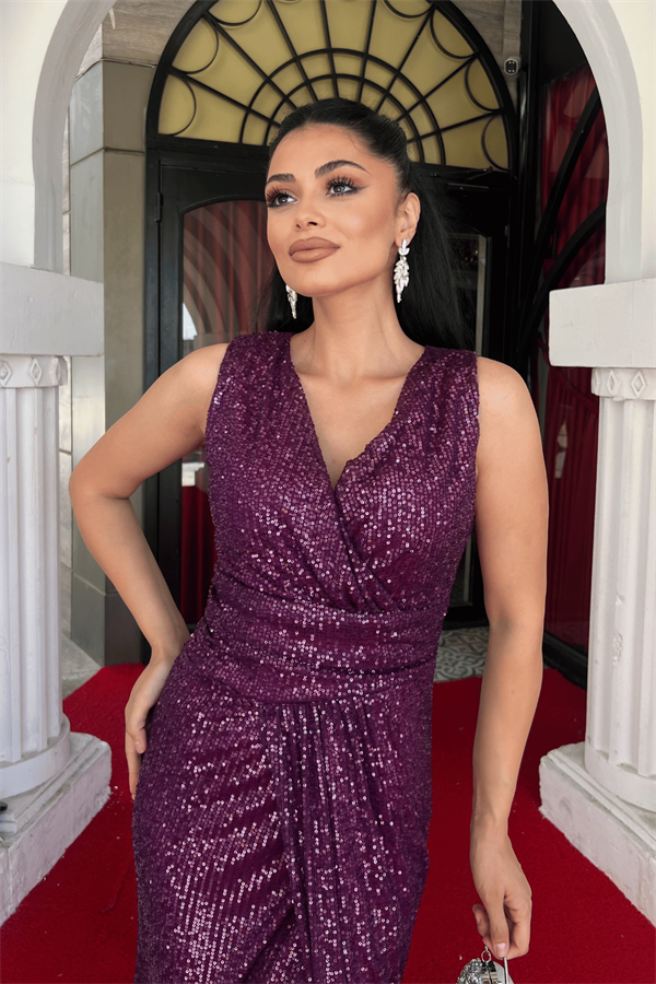 Pul Payet Kumaş Balık Abiye Elbise - PATLICAN MOR