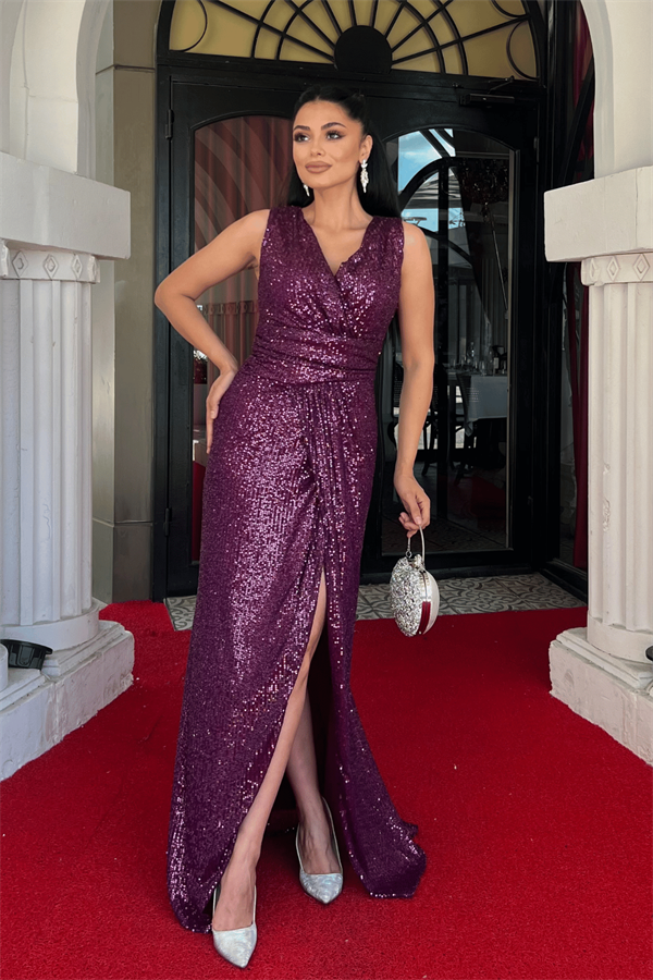 Pul Payet Kumaş Balık Abiye Elbise - PATLICAN MOR