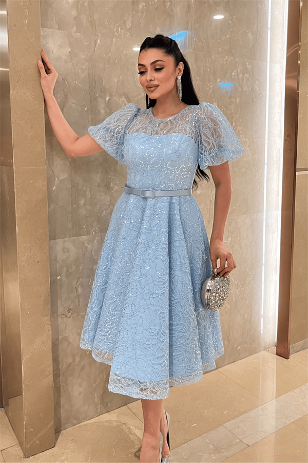 Pul Payet Kumaş Balon Kol Midi Elbise - BEBE MAVİSİ