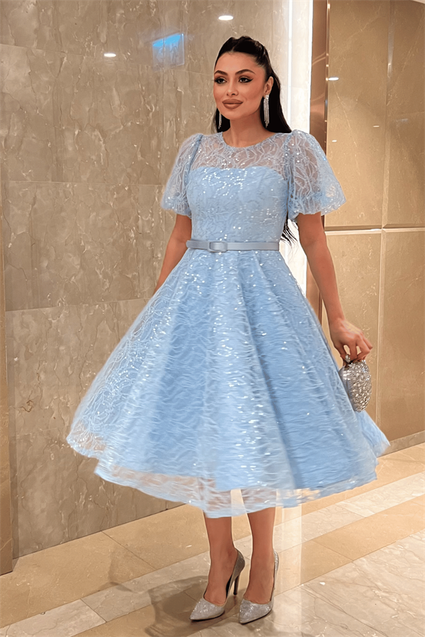 Pul Payet Kumaş Balon Kol Midi Elbise - BEBE MAVİSİ