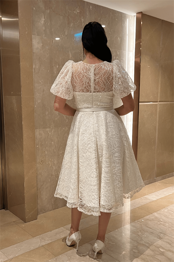 Pul Payet Kumaş Balon Kol Midi Elbise - BEYAZ