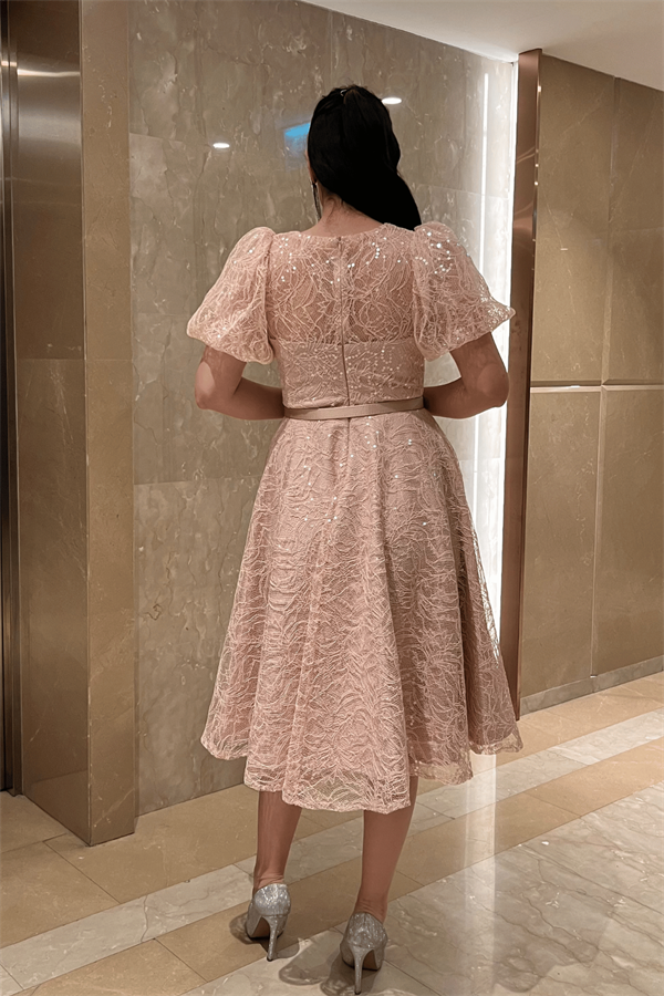 Pul Payet Kumaş Balon Kol Midi Elbise - PUDRA