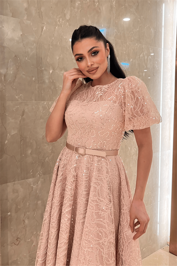 Pul Payet Kumaş Balon Kol Midi Elbise - PUDRA