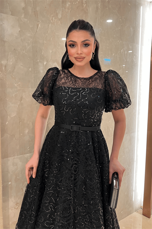 Pul Payet Kumaş Balon Kol Midi Elbise - SİYAH