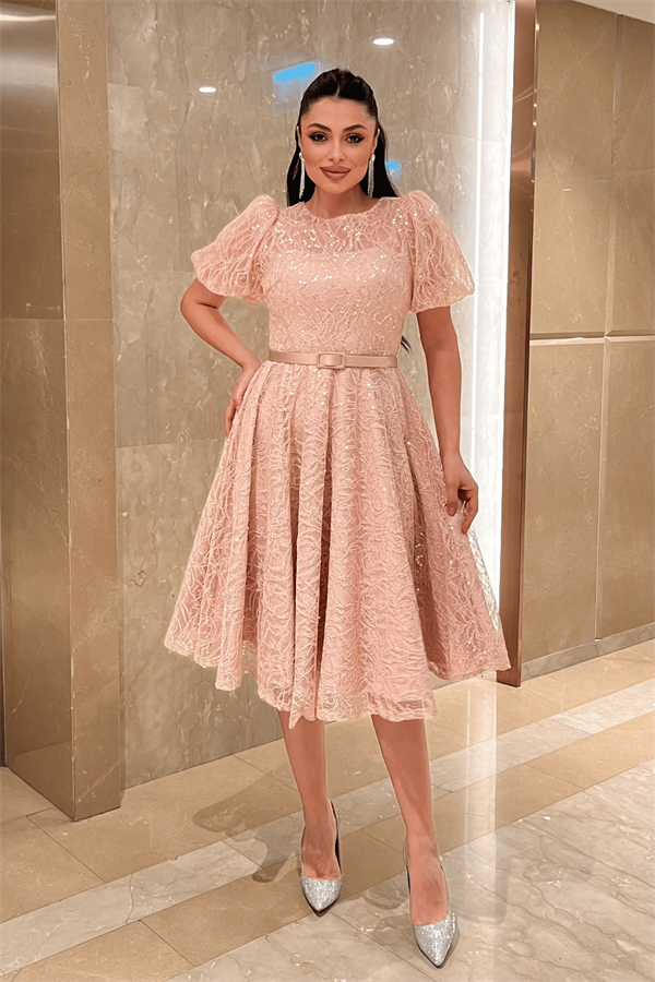 Pul Payet Kumaş Balon Kol Midi Elbise - PUDRA