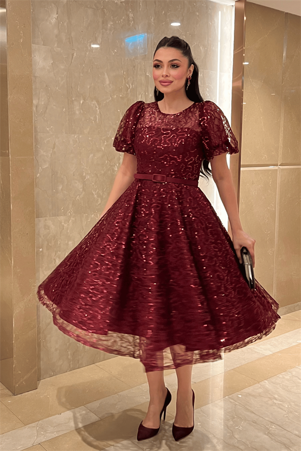 Pul Payet Kumaş Balon Kol Midi Elbise - BORDO