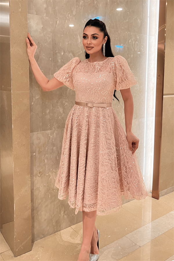 Pul Payet Kumaş Balon Kol Midi Elbise - PUDRA