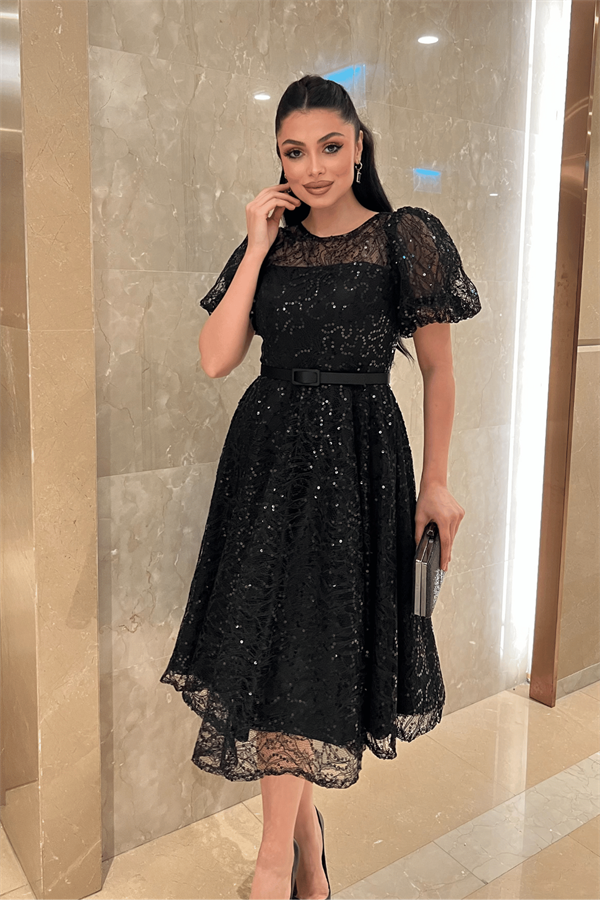 Pul Payet Kumaş Balon Kol Midi Elbise - SİYAH