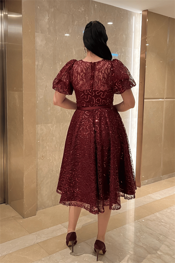 Pul Payet Kumaş Balon Kol Midi Elbise - BORDO