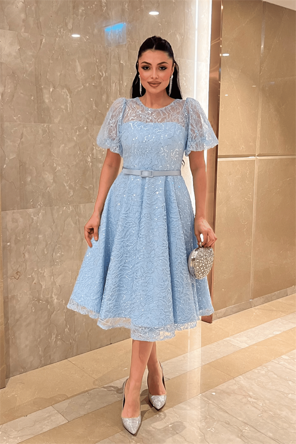 Pul Payet Kumaş Balon Kol Midi Elbise - BEBE MAVİSİ