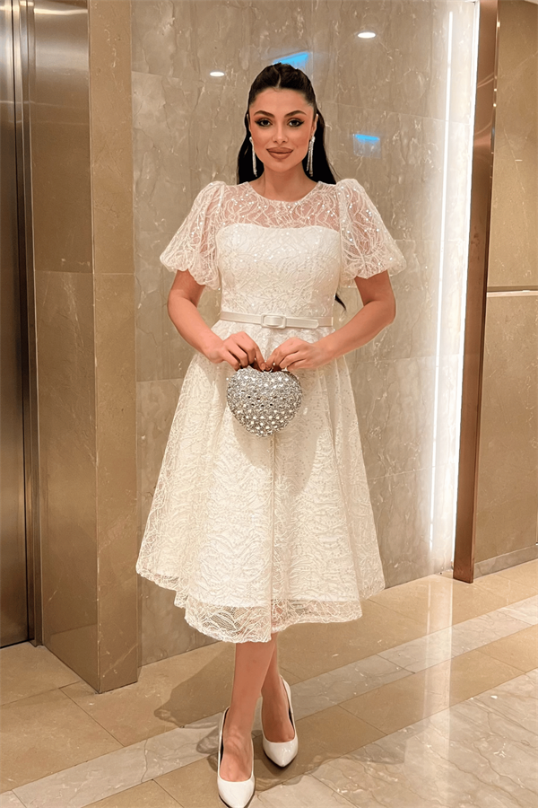 Pul Payet Kumaş Balon Kol Midi Elbise - BEYAZ