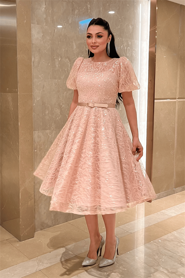 Pul Payet Kumaş Balon Kol Midi Elbise - PUDRA