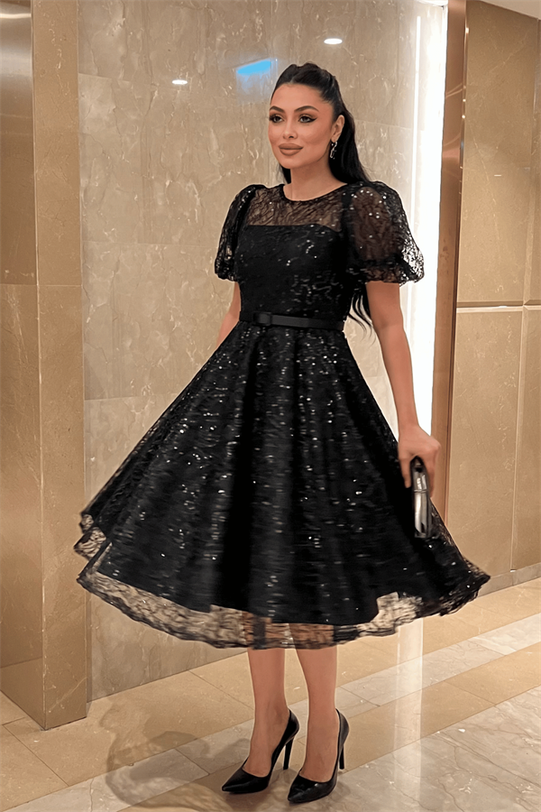 Pul Payet Kumaş Balon Kol Midi Elbise - SİYAH