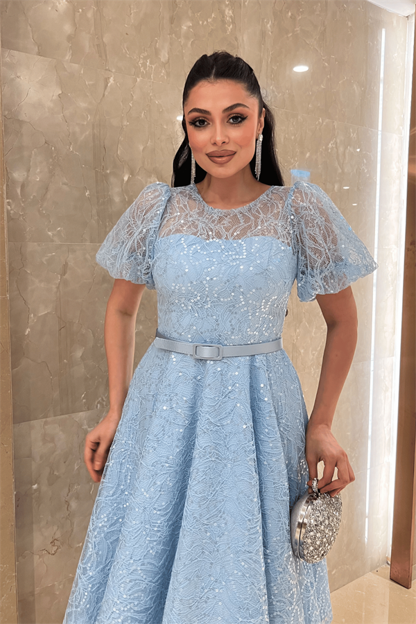 Pul Payet Kumaş Balon Kol Midi Elbise - BEBE MAVİSİ