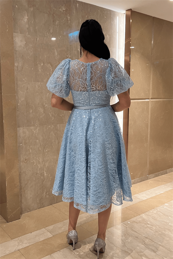 Pul Payet Kumaş Balon Kol Midi Elbise - BEBE MAVİSİ