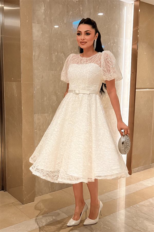 Pul Payet Kumaş Balon Kol Midi Elbise - BEYAZ