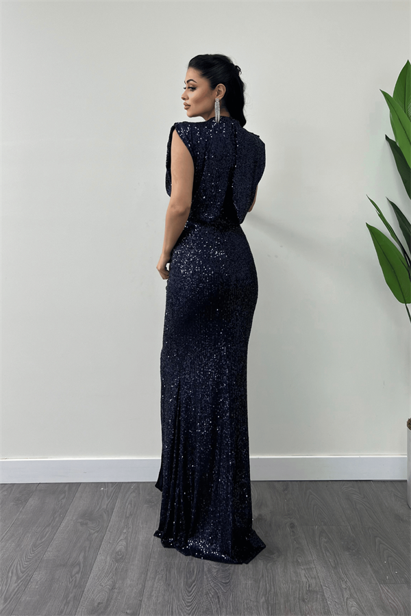 Pul Payet Kumaş Büzgü Detaylı Abiye Elbise - LACİVERT