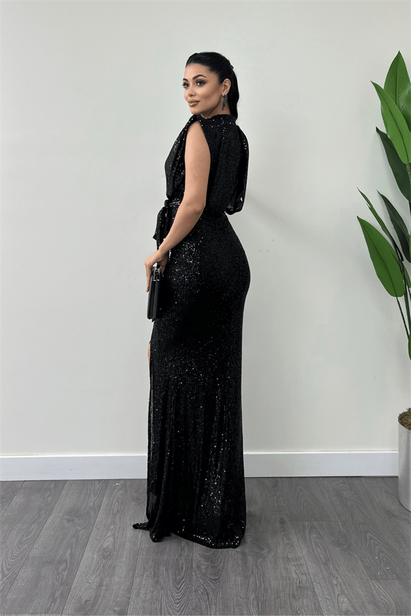 Pul Payet Kumaş Büzgü Detaylı Abiye Elbise - SİYAH