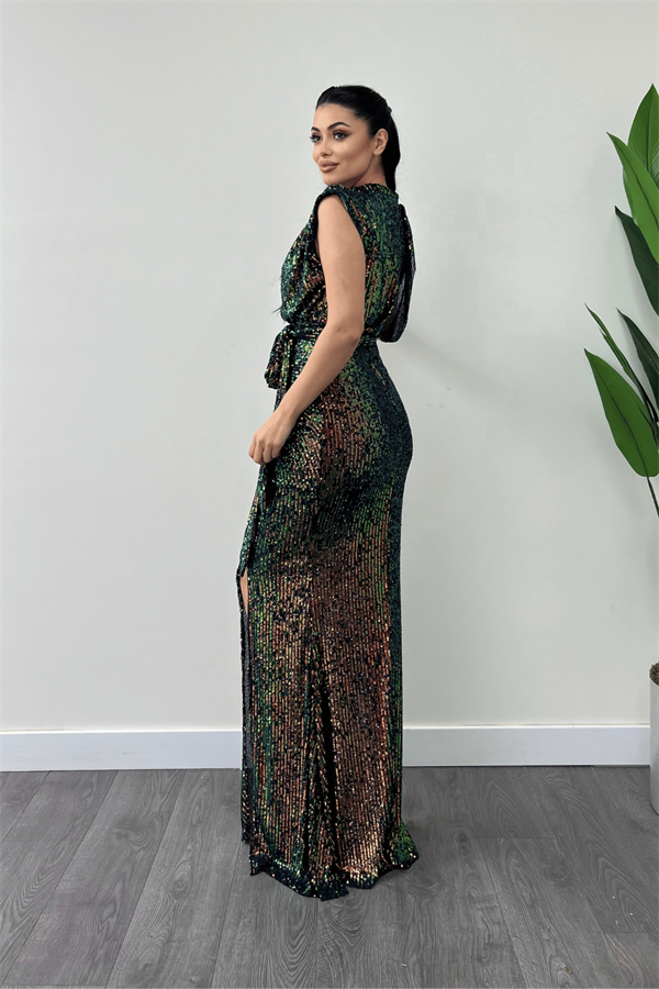 Pul Payet Kumaş Büzgü Detaylı Abiye Elbise - BRONZ