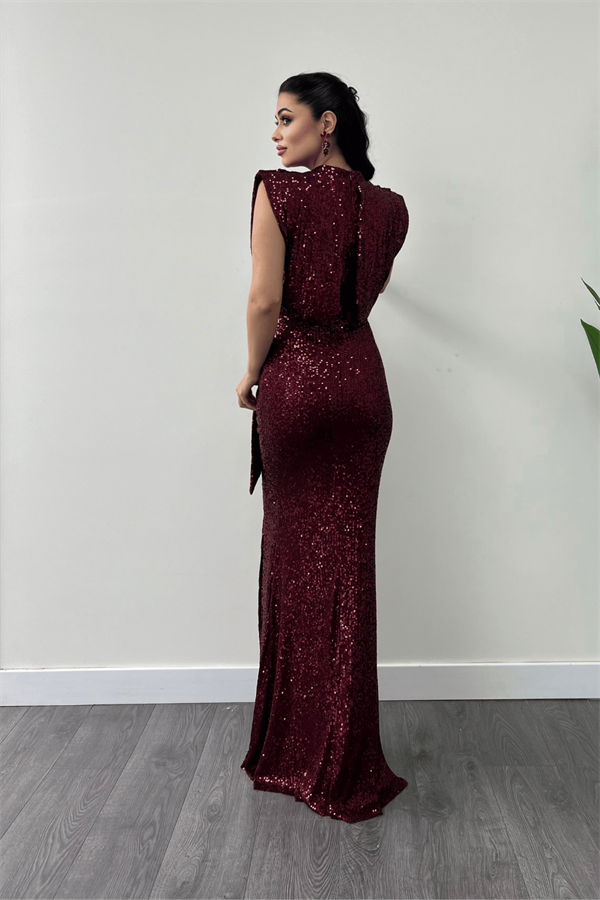 Pul Payet Kumaş Büzgü Detaylı Abiye Elbise - BORDO