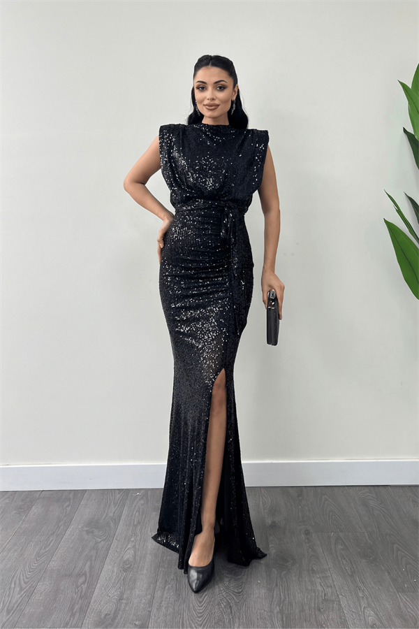 Pul Payet Kumaş Büzgü Detaylı Abiye Elbise - SİYAH