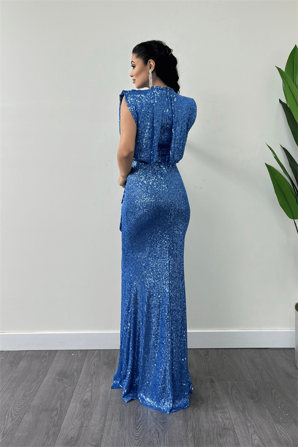 Pul Payet Kumaş Büzgü Detaylı Abiye Elbise - İNDİGO MAVİ