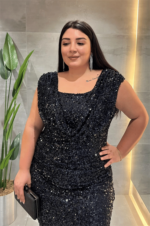 Pul Payet Kumaş Degaje Yaka Abiye Elbise - LACİVERT