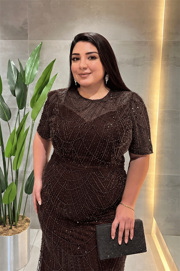 Pul Payet Kumaş Degaje Yaka Abiye Elbise - KAHVERENGİ