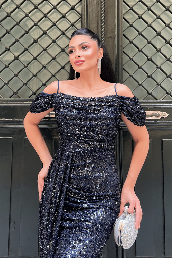 Pul Payet Kumaş Degaje Yaka Abiye Elbise - LACİVERT