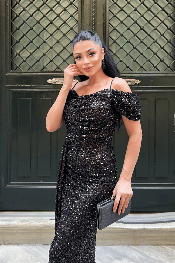 Pul Payet Kumaş Degaje Yaka Abiye Elbise - SİYAH