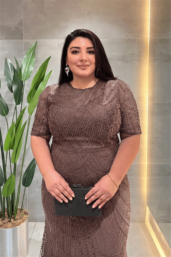 Pul Payet Kumaş Degaje Yaka Abiye Elbise - AÇIK KAHVE