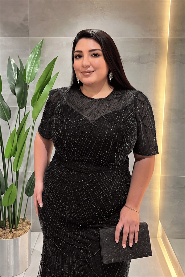 Pul Payet Kumaş Degaje Yaka Abiye Elbise - SİYAH