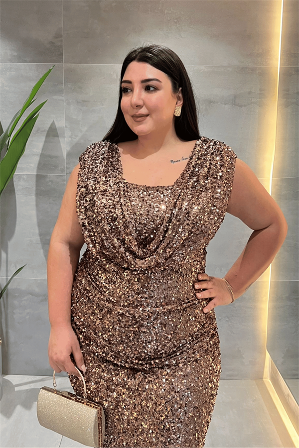 Pul Payet Kumaş Degaje Yaka Abiye Elbise - KAHVERENGİ