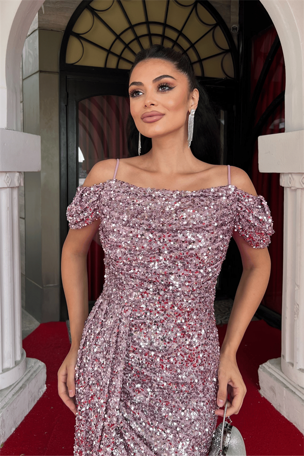 Pul Payet Kumaş Degaje Yaka Abiye Elbise - PEMBE