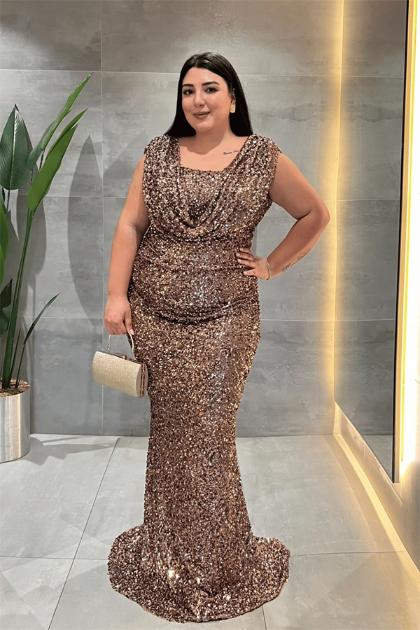 Pul Payet Kumaş Degaje Yaka Abiye Elbise - KAHVERENGİ