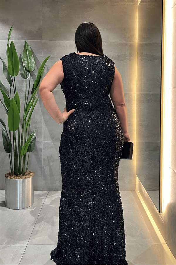 Pul Payet Kumaş Degaje Yaka Abiye Elbise - LACİVERT