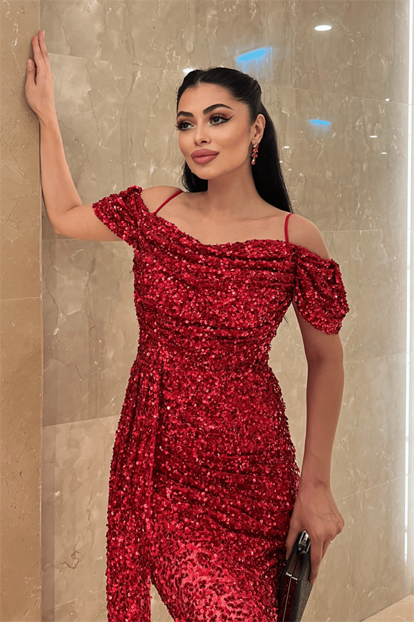 Pul Payet Kumaş Degaje Yaka Abiye Elbise - KIRMIZI