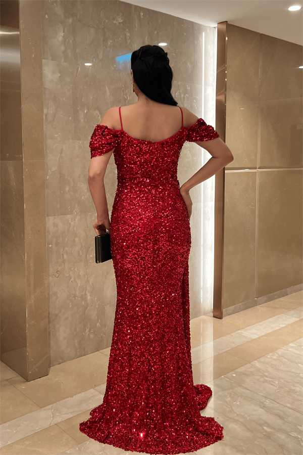 Pul Payet Kumaş Degaje Yaka Abiye Elbise - KIRMIZI