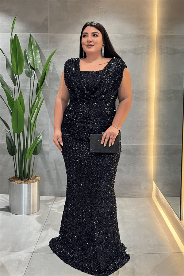 Pul Payet Kumaş Degaje Yaka Abiye Elbise - LACİVERT