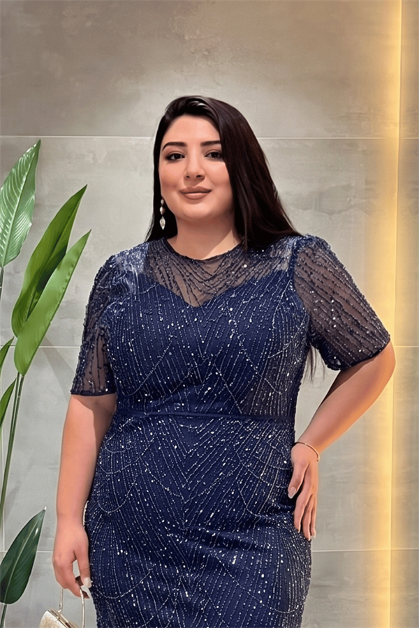 Pul Payet Kumaş Degaje Yaka Abiye Elbise - LACİVERT