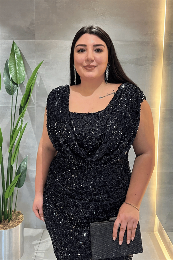 Pul Payet Kumaş Degaje Yaka Abiye Elbise - LACİVERT