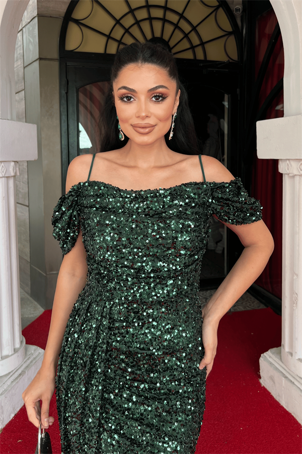 Pul Payet Kumaş Degaje Yaka Abiye Elbise - ZÜMRÜT YEŞİL