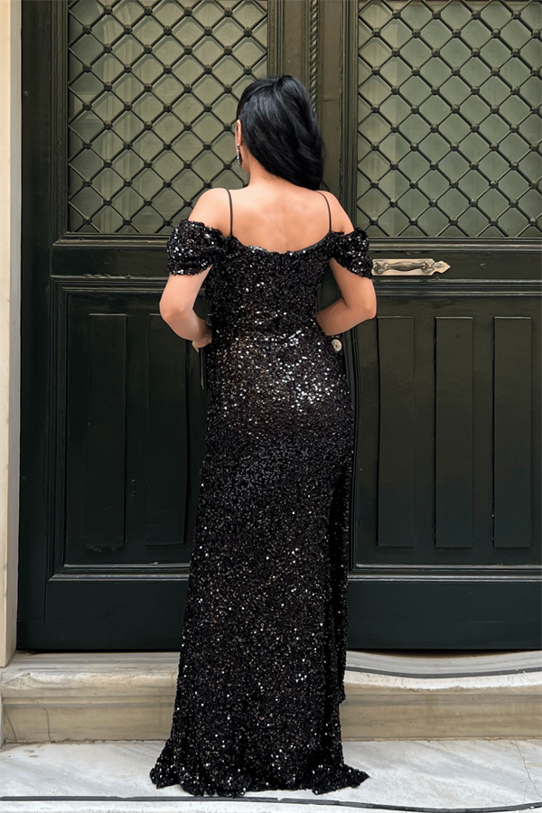 Pul Payet Kumaş Degaje Yaka Abiye Elbise - SİYAH