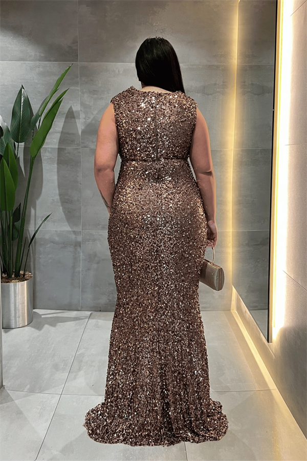 Pul Payet Kumaş Degaje Yaka Abiye Elbise - KAHVERENGİ