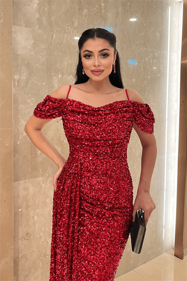 Pul Payet Kumaş Degaje Yaka Abiye Elbise - KIRMIZI