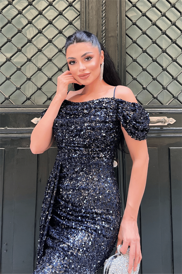 Pul Payet Kumaş Degaje Yaka Abiye Elbise - LACİVERT